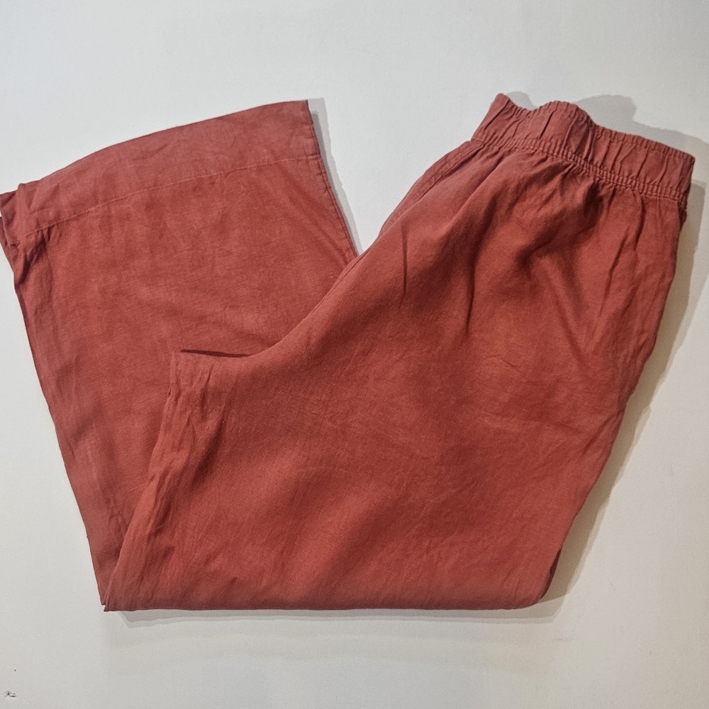 Tahari‎ 100% Linen Pants Womens Large Orange Stretch Waist High Rise Wide Leg - Picture 2 of 7